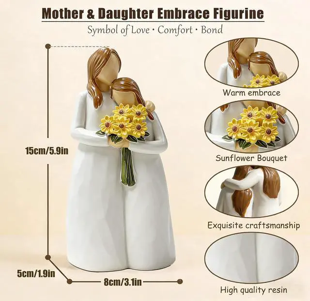 Alt view image 2 of 7 - Mom Birthday Gifts from Daughter, Gifts for Mom/ Aunt/ Teacher, 5.9" Hand-Painted Mother Daughter Figurine Holding Sunflowers Gift, for Mother's Day, Christmas, and Teacher's Day with Flowers Cards
