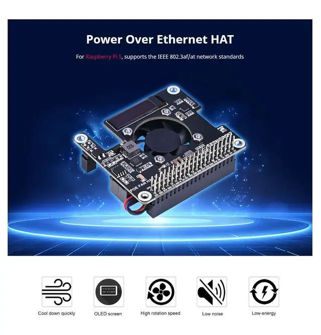 Alt view image 2 of 7 - POE HAT for Raspberry Pi 5/CM5 Power Over Ethernet Adapter with Onboard Cooling Fan and OLED Display Supports 802.3af/at Network Standard Comes with Metal Heatsink Fits Raspberry Pi 5 Case Original
