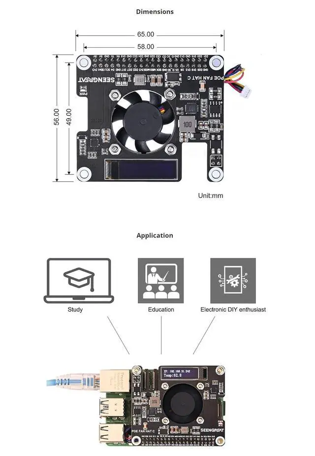 Alt view image 5 of 7 - POE HAT for Raspberry Pi 5/CM5 Power Over Ethernet Adapter with Onboard Cooling Fan and OLED Display Supports 802.3af/at Network Standard Comes with Metal Heatsink Fits Raspberry Pi 5 Case Original