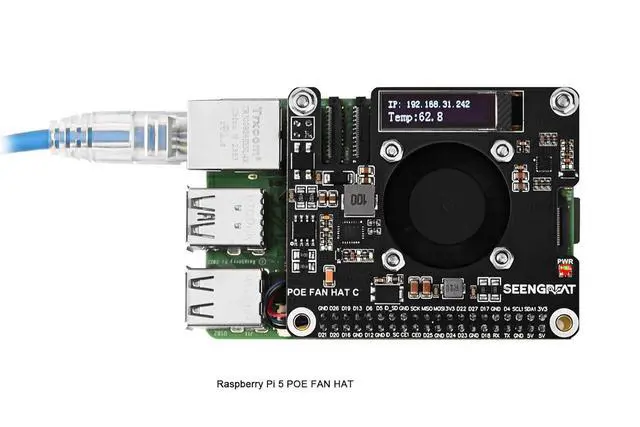 Alt view image 6 of 7 - POE HAT for Raspberry Pi 5/CM5 Power Over Ethernet Adapter with Onboard Cooling Fan and OLED Display Supports 802.3af/at Network Standard Comes with Metal Heatsink Fits Raspberry Pi 5 Case Original