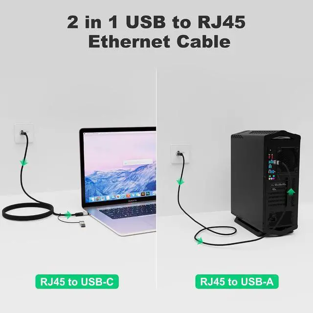 Alt view image 2 of 7 - USB to Ethernet Cable 6 FT, USB-C & USB-A Port Two in One, USB C to RJ45 Network Cord, Gigabit, Directly Connected, Thunderbolt 4/3 Compatible with PCs, Laptops, Tablets, Smartphones- Not for Charging