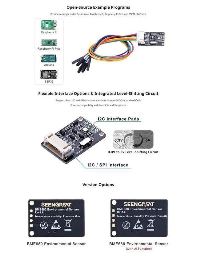Alt view image 4 of 7 - BME680 Environmental Sensor, Supports Temperature, Humidity, Pressure, Gas Detection, I2C & SPI, Ideal for Raspberry Pi, Pico, Arduino, and ESP32 Projects