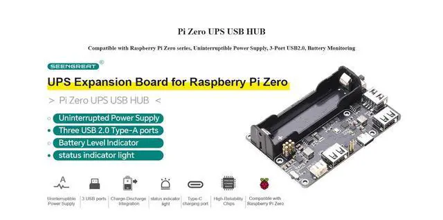 Alt view image 2 of 7 - Pi Zero UPS HUB HAT for Raspberry Pi Zero Series, 3-Port USB 2.0 Expansion Board with Power Backup, 18650 Ba-ttery Holder, Smart Charge & Discharge Management