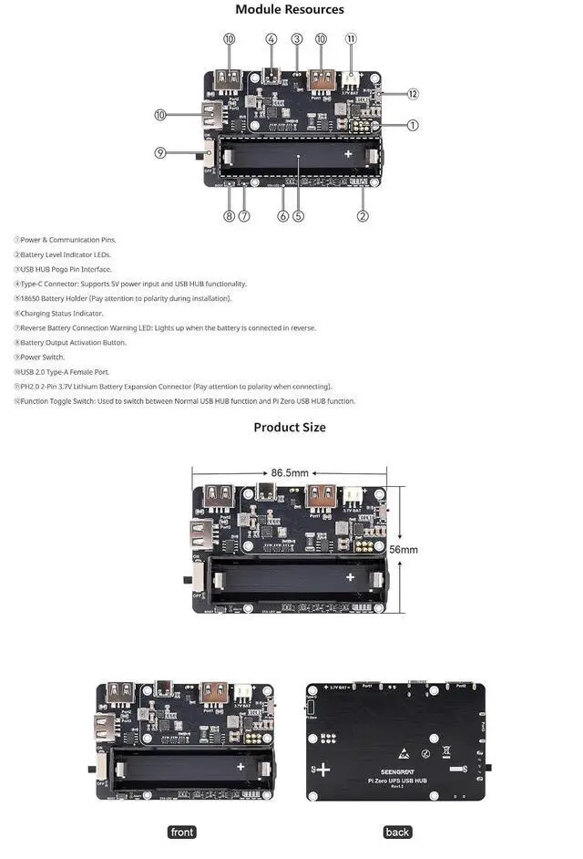Alt view image 7 of 7 - Pi Zero UPS HUB HAT for Raspberry Pi Zero Series, 3-Port USB 2.0 Expansion Board with Power Backup, 18650 Ba-ttery Holder, Smart Charge & Discharge Management