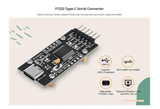 Alt view image 5 of 7 - FT232RL USB-C to Serial Converter - USB 2.0 Type-C Adapter with Driver-Free Plug & Play, TTL 3.3V/5V Switch, Compatible with Windows/Linux/Mac OS (CTS/RTS Flow Control)-2pcs