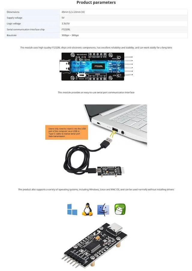 Alt view image 6 of 7 - FT232RL USB-C to Serial Converter - USB 2.0 Type-C Adapter with Driver-Free Plug & Play, TTL 3.3V/5V Switch, Compatible with Windows/Linux/Mac OS (CTS/RTS Flow Control)-2pcs