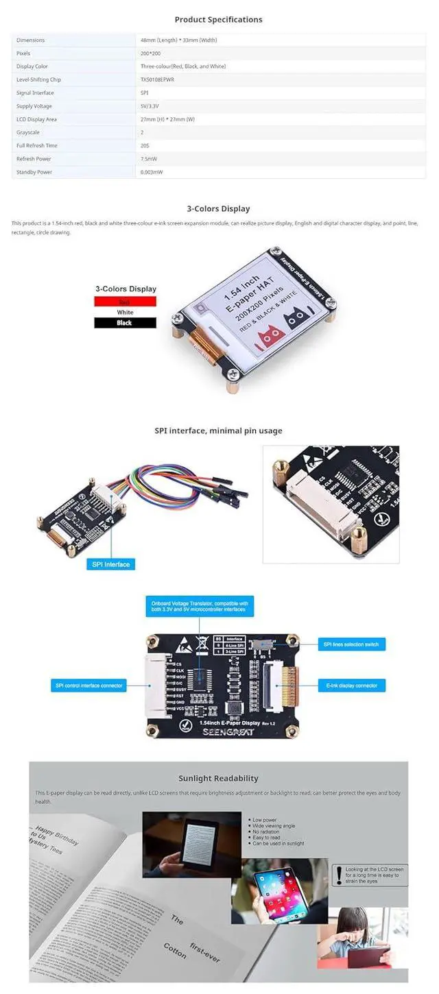 Alt view image 6 of 7 - 1.54 Inch E-Paper Display Three Color EPaper Screen for Raspberry Pi/Arduino/Jetson Nano/STM32 200x200 Pixels Red Black White SPI Interface E-Ink