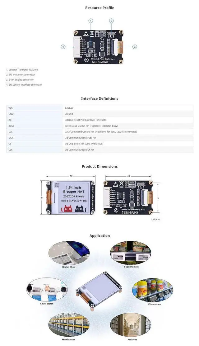 Alt view image 7 of 7 - 1.54 Inch E-Paper Display Three Color EPaper Screen for Raspberry Pi/Arduino/Jetson Nano/STM32 200x200 Pixels Red Black White SPI Interface E-Ink