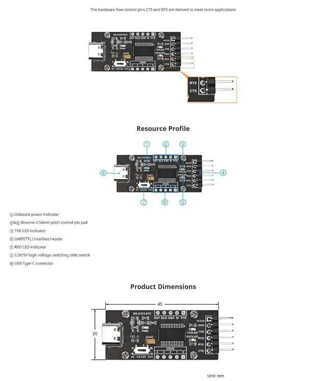 Alt view image 7 of 7 - FT232RL USB-C to Serial Converter - USB 2.0 Type-C Adapter with Driver-Free Plug & Play, TTL 3.3V/5V Switch, Compatible with Windows/Linux/Mac OS (CTS/RTS Flow Control)-2pcs