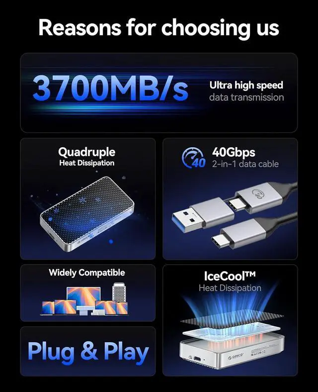 Alt view image 2 of 7 - X40 4TB USB4 Portable NVMe SSD (40Gbps), up to 3800MB/s | USB4.0, Compatible with Thunderbolt 3/4(40Gbps), USB-C (10Gbps), Fanless Aluminum Design, Ice Skin Heat Dissipation