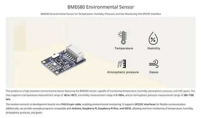 Alt view image 2 of 7 - BME688 Environmental Sensor, AI-Enhanced, Monitors Temperature, Humidity, Pressure & Gas, I2C/SPI, 3.3V/5V Compatible for Raspberry Pi, Arduino, ESP32 with AI Function