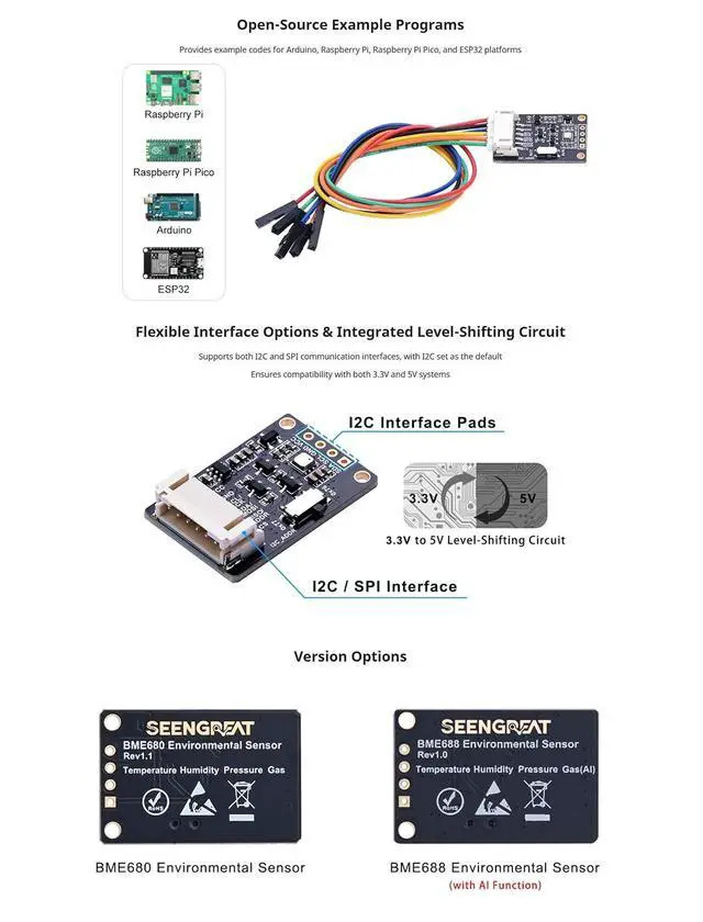 Alt view image 4 of 7 - BME688 Environmental Sensor, AI-Enhanced, Monitors Temperature, Humidity, Pressure & Gas, I2C/SPI, 3.3V/5V Compatible for Raspberry Pi, Arduino, ESP32 with AI Function