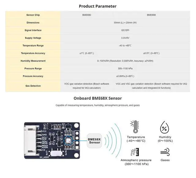 Alt view image 3 of 7 - BME688 Environmental Sensor, AI-Enhanced, Monitors Temperature, Humidity, Pressure & Gas, I2C/SPI, 3.3V/5V Compatible for Raspberry Pi, Arduino, ESP32 with AI Function