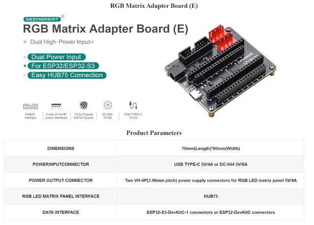 Alt view image 4 of 6 - RGB Matrix Adapter Expansion Board for ESP32-S3-DevKitC-1 & ESP32-DevKitC- USB Type-C Interface, GPIO Expansion Module for IoT Prototyping