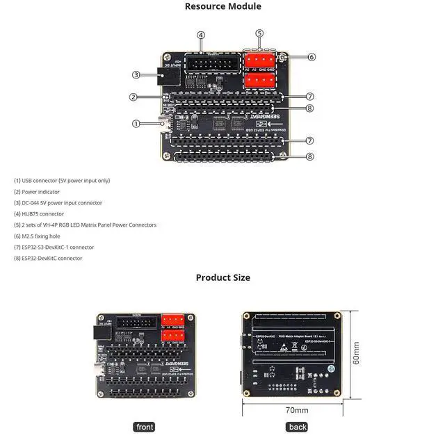 Alt view image 6 of 6 - RGB Matrix Adapter Expansion Board for ESP32-S3-DevKitC-1 & ESP32-DevKitC- USB Type-C Interface, GPIO Expansion Module for IoT Prototyping
