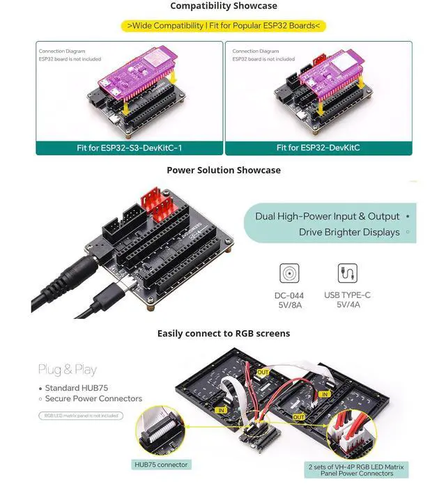 Alt view image 5 of 6 - RGB Matrix Adapter Expansion Board for ESP32-S3-DevKitC-1 & ESP32-DevKitC- USB Type-C Interface, GPIO Expansion Module for IoT Prototyping