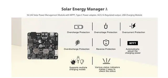 Alt view image 4 of 7 - 5V-24V Solar Power Management Module with MPPT, Type-C Power Adapter, 5V3.1A Regulated Output, USB C, Battery Protection for Solar Panels & IoT Projects