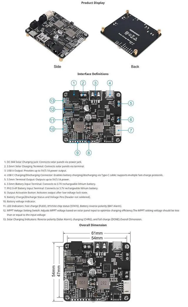 Alt view image 7 of 7 - 5V-24V Solar Power Management Module with MPPT, Type-C Power Adapter, 5V3.1A Regulated Output, USB C, Battery Protection for Solar Panels & IoT Projects
