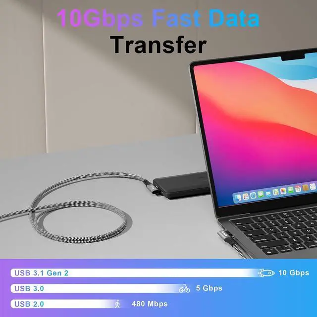 Alt view image 4 of 7 - 10FT USB C Cable 90 Degree, USB C 3.1 Gen 2 Cable, 4K Monitor Video Output, 10Gbps High Speed Data Transfer, 100W Fast Charging, Compatible with iPhone 17, MacBook, Dell XPS, CarPlay, Portable Monitor
