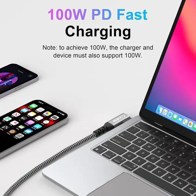 Alt view image 3 of 7 - 10FT USB C Cable 90 Degree, USB C 3.1 Gen 2 Cable, 4K Monitor Video Output, 10Gbps High Speed Data Transfer, 100W Fast Charging, Compatible with iPhone 17, MacBook, Dell XPS, CarPlay, Portable Monitor