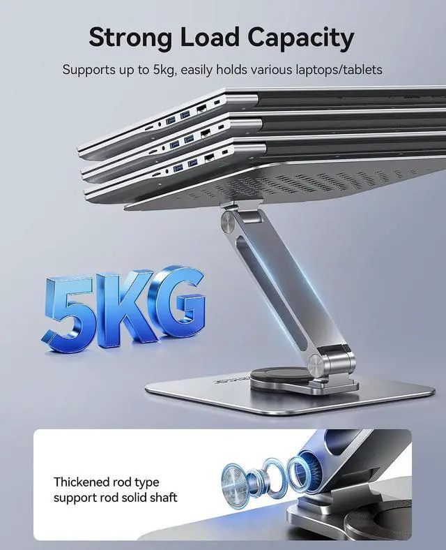 Alt view image 6 of 7 - Adjustable Laptop Stand with 360° Rotating Base, Foldable Aluminum Alloy Laptop Riser for Desk, Compatible with MacBook Neo Air Pro, Dell, HP (Up to 17") - ST10, Gray