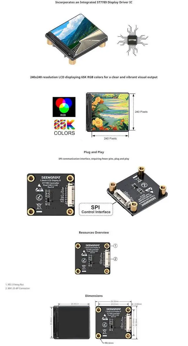 Alt view image 7 of 7 - 1.3 Inch LCD HAT with ST7789 Controller, 240x240 Resolution SPI Interface Display Module for Raspberry Pi/Arduino, Python/C Demo Codes, Text & Image Support