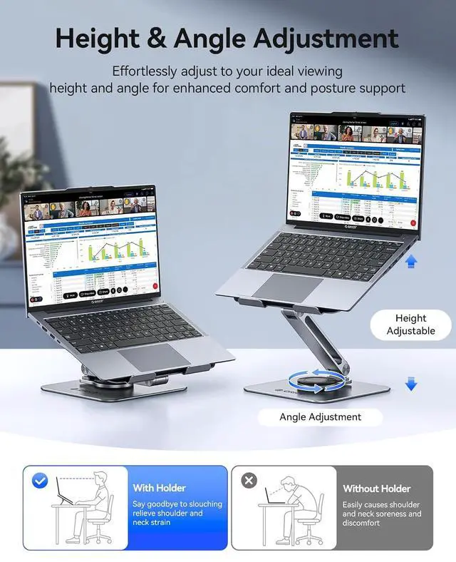 Alt view image 3 of 7 - Adjustable Laptop Stand with 360° Rotating Base, Foldable Aluminum Alloy Laptop Riser for Desk, Compatible with MacBook Neo Air Pro, Dell, HP (Up to 17") - ST10, Gray