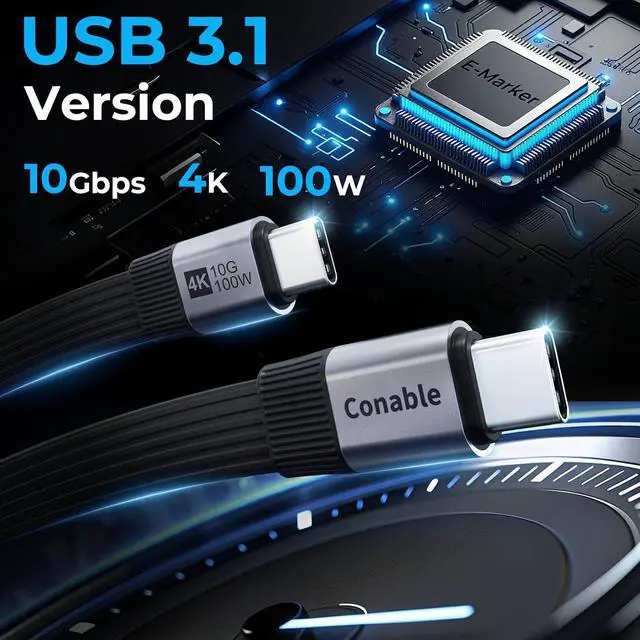 Alt view image 2 of 7 - Flat USB C Cable, USB 3.1 Gen 2 Cable 6FT, 10Gbps Data Transfer, 4K@60Hz Video Display, 100W PD Fast Charging, Thunderbolt 4/3 Compatible with iPhone 17/16/15 Series, MacBook, iPad, SSD, Docking, eGPU