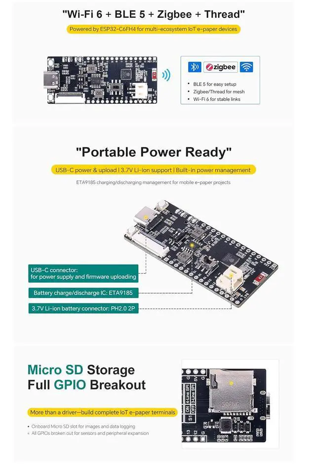 Alt view image 6 of 7 - 7.5 Inch E-Ink Display Module 800x480 SPI + ESP32-C6 E-Paper Driver Board Kit, Partial/Full Refresh, 24P FPC Connector, 3.3V/5V Level Shifter, for Raspberry Pi 40-Pin GPIO, SD Slot & USB