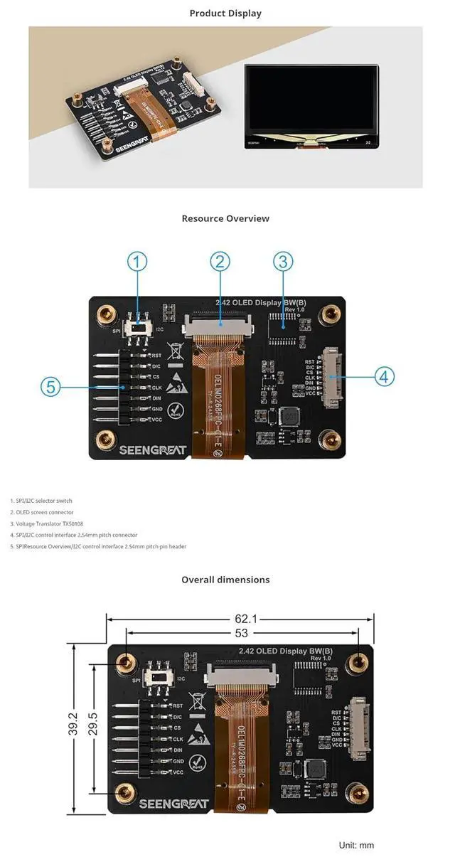Alt view image 7 of 7 - 2.42inch OLED Display Module - 128x64 Resolution, SPI/I2C Communication, Compatible with Raspberry Pi, Arduino, SSD1309 Driver Chip (Blue)
