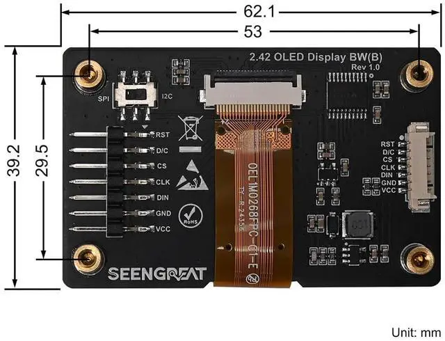 Alt view image 4 of 7 - 2.42inch OLED Display Module - 128x64 Resolution, SPI/I2C Communication, Compatible with Raspberry Pi, Arduino, SSD1309 Driver Chip (Blue)