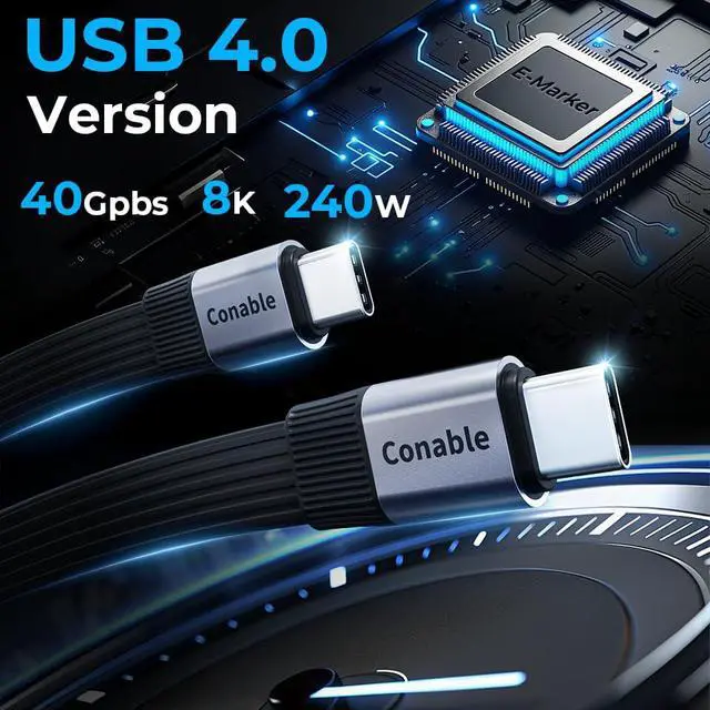 Alt view image 2 of 7 - USB 4 Cable for Thunderbolt 5/4/3, Flat USB C Cable 2 FT, 40Gbps Data Transfer, 8K@60Hz Video Display, 240W PD Fast Charging, Compatible with iPhone 16/15 Pro Max, MacBook, iPad, SSD, Docking, eGPU