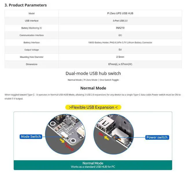 Alt view image 3 of 7 - Pi Zero UPS HUB HAT for Raspberry Pi Zero Series, 3-Port USB 2.0 Expansion Board with Power Backup, 18650 Ba-ttery Holder, Smart Charge & Discharge Management