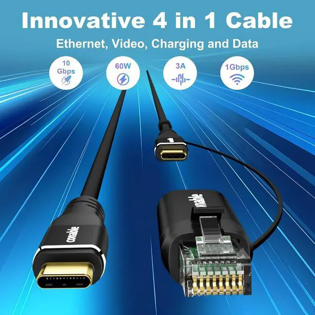 Alt view image 2 of 7 - USB C to Ethernet Cable 4FT, 2-in-1 USB C to RJ45 Adapter (1Gbsp Ethernet) & USB C Cable (10G/4K/100W), Thunderbolt 4/5 Compatible, Ideal for MacBook, iPad Pro, XPS, Surface Pro, Essential for Travel