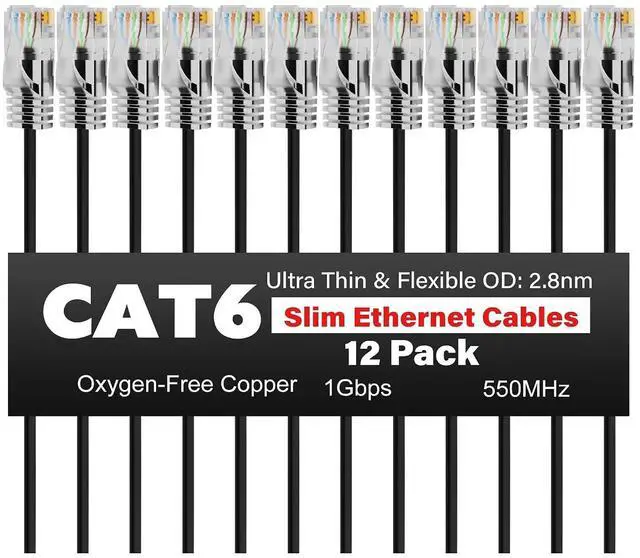 Main image of CAT6 Ethernet Cable 3 FT (12-Pack), Slim Cat 6 Patch Cable, 1Gbps, Internet Network Cables, Pure Copper Cat6 Cables, UTP, for Router, Modem, Switch, Gaming Consoles, TV, Server, Computer Room