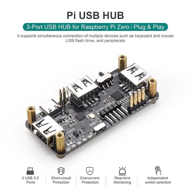 Alt view image 2 of 7 - Pi USB HUB HAT for Raspberry Pi Zero, 3-Port-USB2.0 Expansion Board with USB-to-TTL, Compatible for Arduino/STM32, Type-C Dual Mode, Plug & Play GPIO Connection, TX/RX Indicators