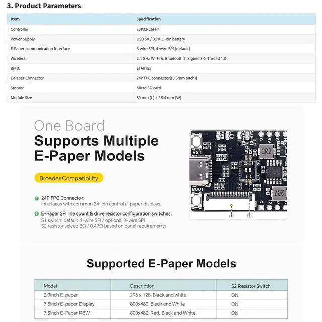 Alt view image 5 of 7 - 7.5 Inch E-Ink Display Module 800x480 SPI + ESP32-C6 E-Paper Driver Board Kit, Partial/Full Refresh, 24P FPC Connector, 3.3V/5V Level Shifter, for Raspberry Pi 40-Pin GPIO, SD Slot & USB