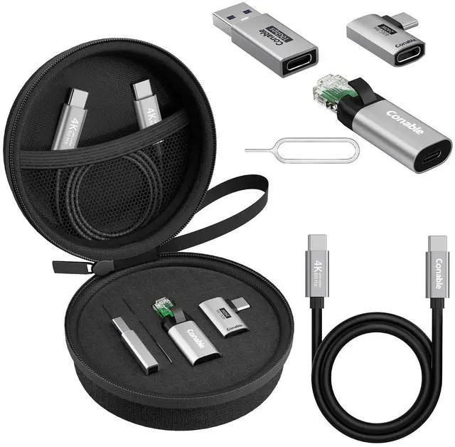 Main image of USB Travel Adapter 6-in-1, for Internet/Data/Charging/Video, Includes: USB-C to RJ45 Adapter, Type-C 3.1 Cable, USB to USB-C Connector, USB4 Right Angle Converter, SIM Card Ejector Tool, Storage Box