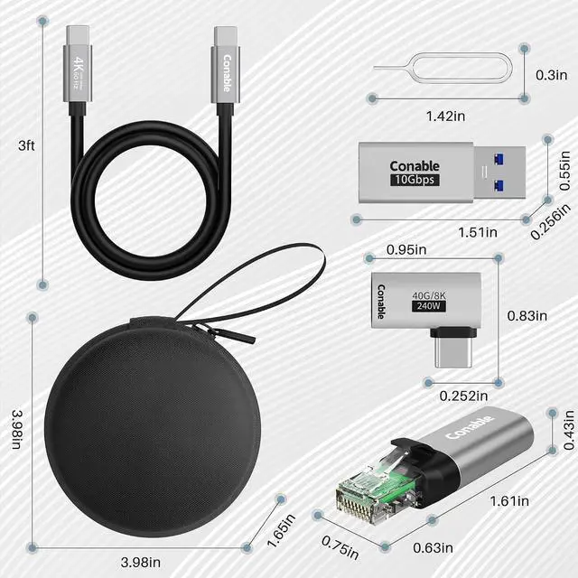 Alt view image 3 of 7 - USB Travel Adapter 6-in-1, for Internet/Data/Charging/Video, Includes: USB-C to RJ45 Adapter, Type-C 3.1 Cable, USB to USB-C Connector, USB4 Right Angle Converter, SIM Card Ejector Tool, Storage Box