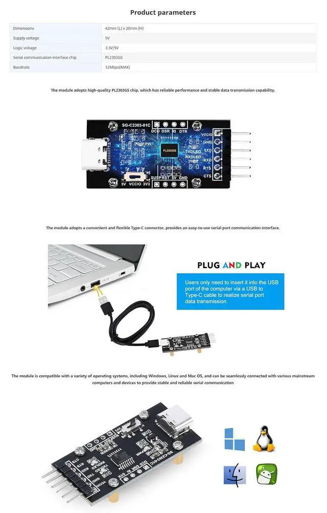 Alt view image 6 of 7 - USB to UART TTL Serial Converter Module with PL2303GS Chip, Type-C Connector, 3.3V/5V Selectable, Compatible with Windows, Linux, macOS, USB to Serial Adapter for Arduino Raspberry Pi (2Pcs Pack)