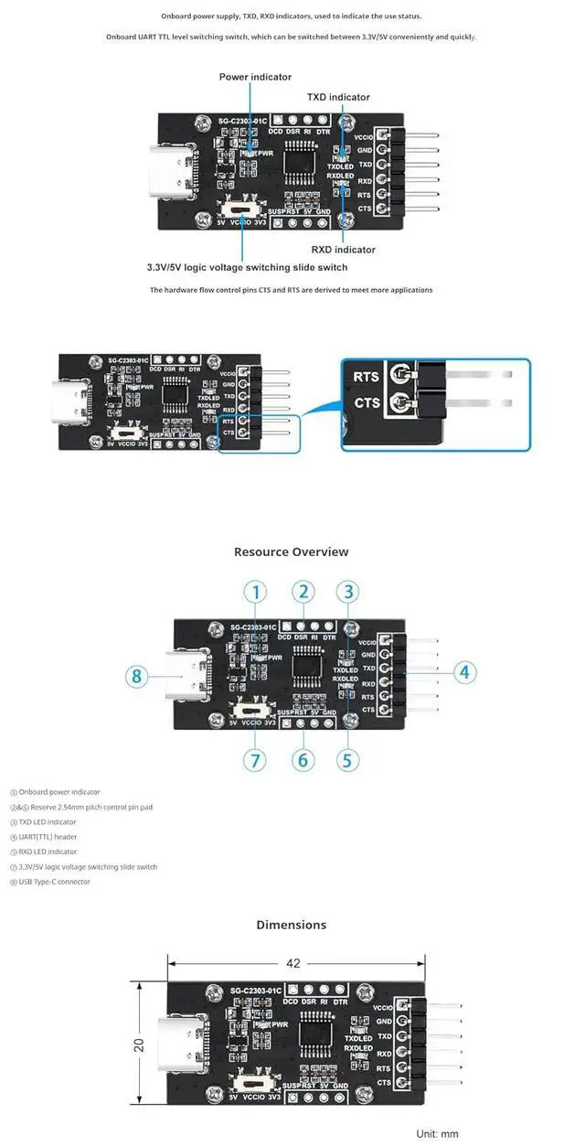Alt view image 7 of 7 - USB to UART TTL Serial Converter Module with PL2303GS Chip, Type-C Connector, 3.3V/5V Selectable, Compatible with Windows, Linux, macOS, USB to Serial Adapter for Arduino Raspberry Pi (2Pcs Pack)