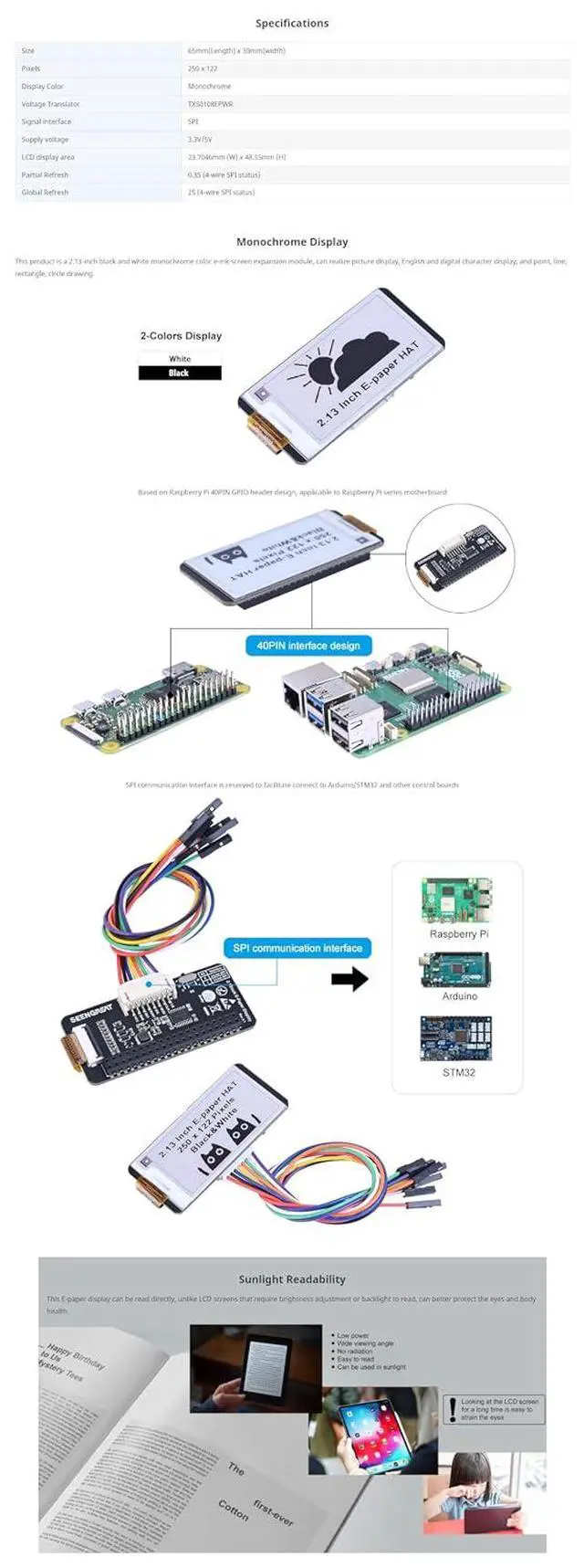Alt view image 6 of 7 - 2.13inch E-Paper Display Module for Raspberry Pi Zero/Zero W/Zero WH/2B/3B/3B+, 122 x 250 Pixels Two-Colour, Supports Partial 560ms and Full 950ms Refresh SPI Interface