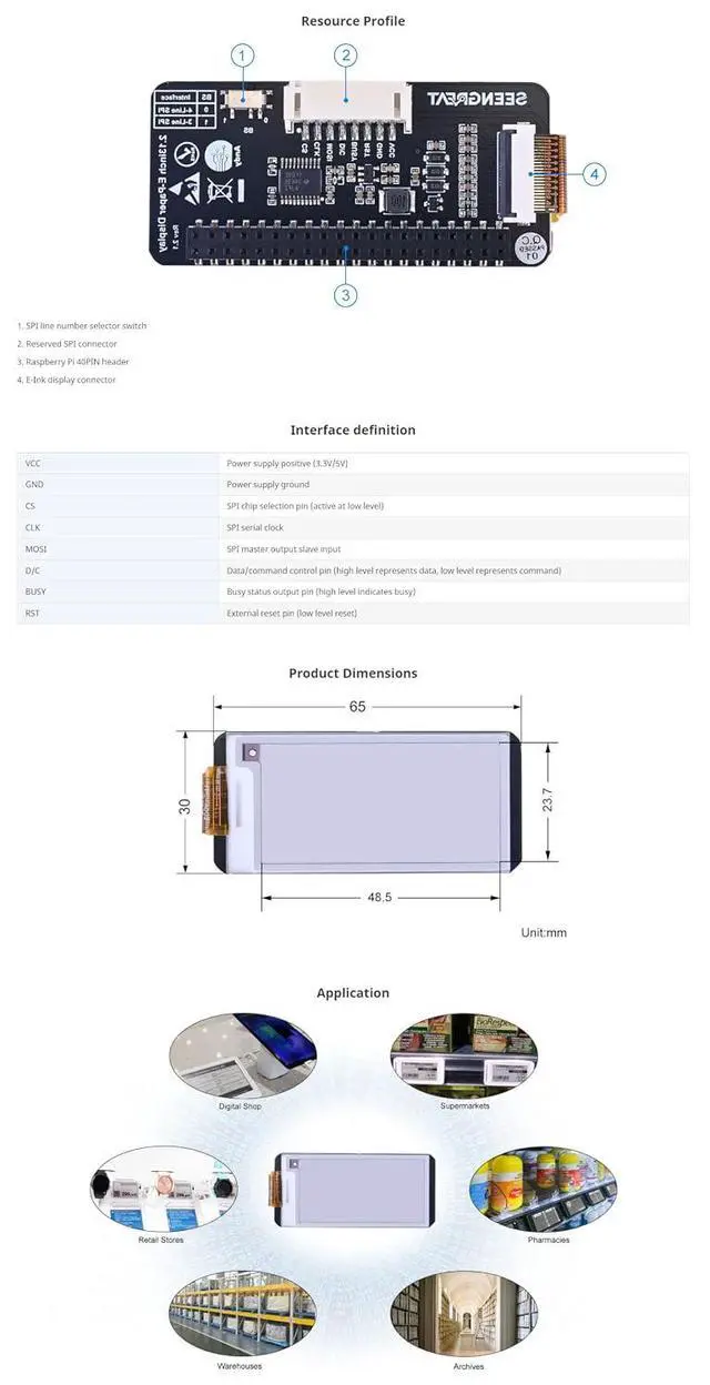 Alt view image 7 of 7 - 2.13inch E-Paper Display Module for Raspberry Pi Zero/Zero W/Zero WH/2B/3B/3B+, 122 x 250 Pixels Two-Colour, Supports Partial 560ms and Full 950ms Refresh SPI Interface