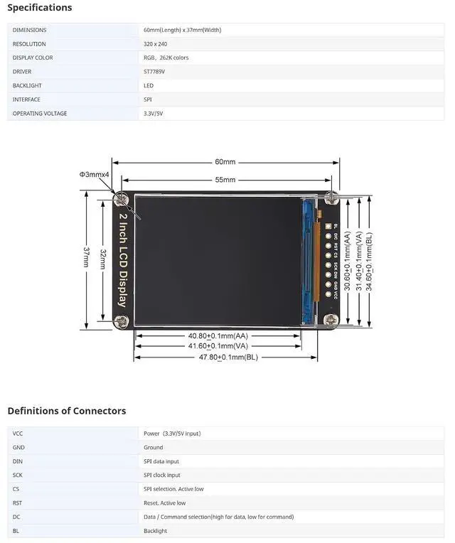 Alt view image 7 of 7 - 2" SPI LCD Display Module 240×320 Resolution, ST7789V Controller, IPS TFT Screen, Compatible with Arduino, Raspberry Pi, ESP32, STM32, 3.3V/5V Input, RGB Color Panel