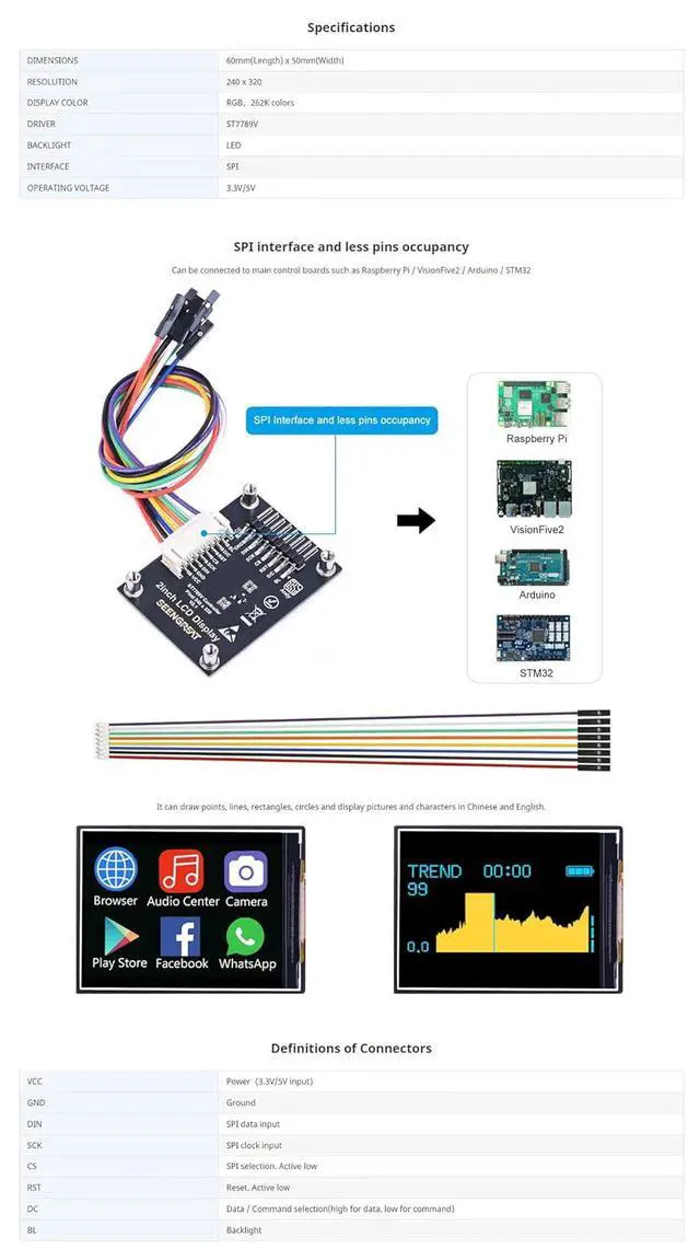 Alt view image 3 of 7 - 2 Inch LCD Display Module for Raspbrry Pi/Arduino Onboard ST7789V Controller 2 Inch IPS LCD Screen 240x320 Resolution SPI Communication RGB, 262K Color