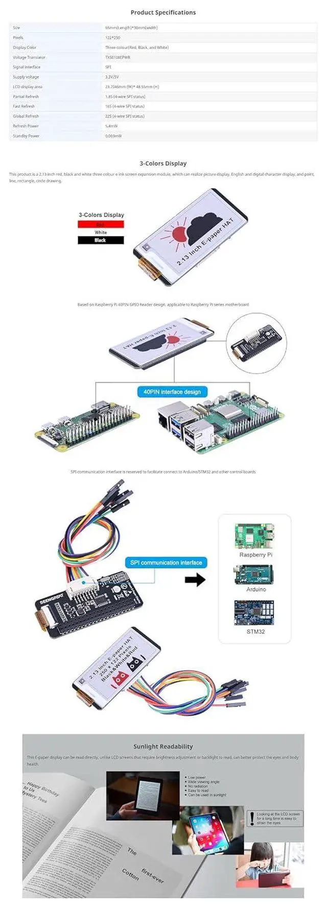 Alt view image 6 of 7 - 2.13 Inch E-Ink Display HAT for Raspberry Pi/Jetson Nano/Arduino/STM32 Three Color Red White Black E-Paper Screen SPI Interface 250x122 Resolution