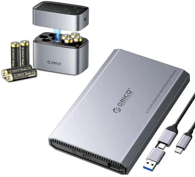 Main image of Aluminum 2.5" USB C External Hard Drive Enclosure & 8-Pack AA Rechargeable Lithium Batteries with Charger Set, USB 3.2 6Gbps SATA SSD/HDD Case with 1.5V 2500mWh High-Capacity Li-ion Battery