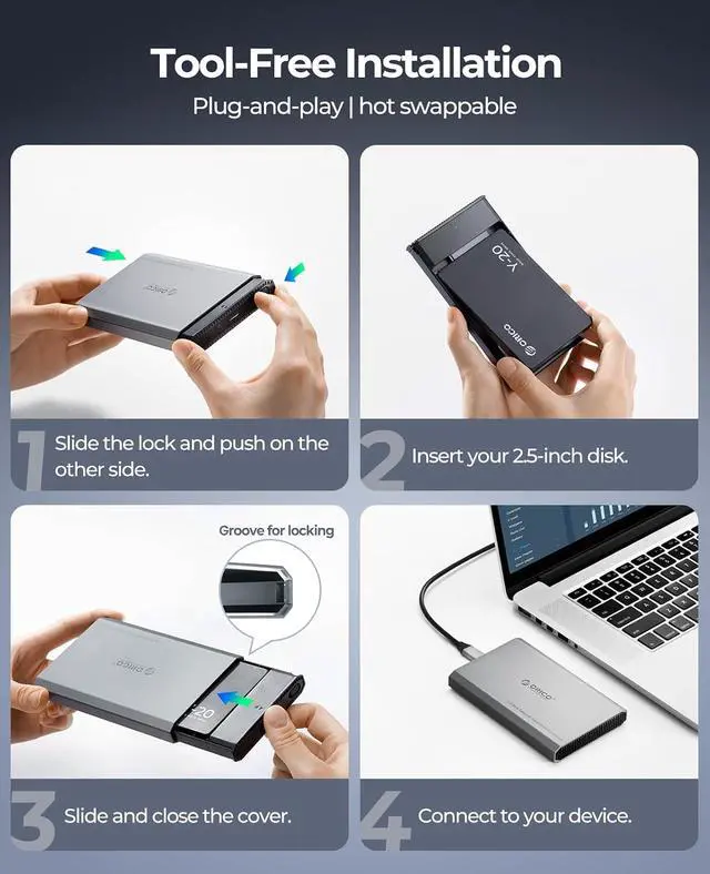 Alt view image 5 of 7 - Aluminum 2.5" USB C External Hard Drive Enclosure & 8-Pack AA Rechargeable Lithium Batteries with Charger Set, USB 3.2 6Gbps SATA SSD/HDD Case with 1.5V 2500mWh High-Capacity Li-ion Battery