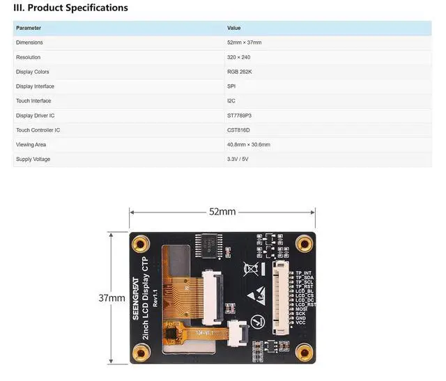 Alt view image 5 of 6 - 2inch IPS Capacitive Touch LCD Module, 240x320 ST7789P3 SPI Display with CST816D I2C Touch, TF Card Slot, 3.3V/5V for Raspberry Pi Pico Arduino ESP32