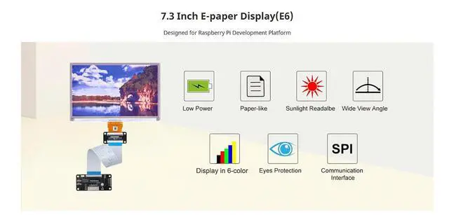 Alt view image 3 of 7 - 7.3inch Full Color E-Paper Display, E Ink Spectra 6 (E6), 800×480 SPI e-Ink Screen, Low Power, High Contrast, for Raspberry Pi, Arduino, Jetson, Shelf Labels, Price Tags
